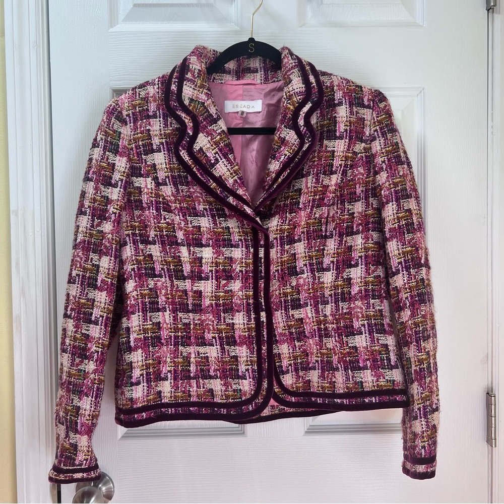 Escada Pink Plaid Tweed Blazer Wool Velvet Metallic Silk Y2K Elle Woods Size 40